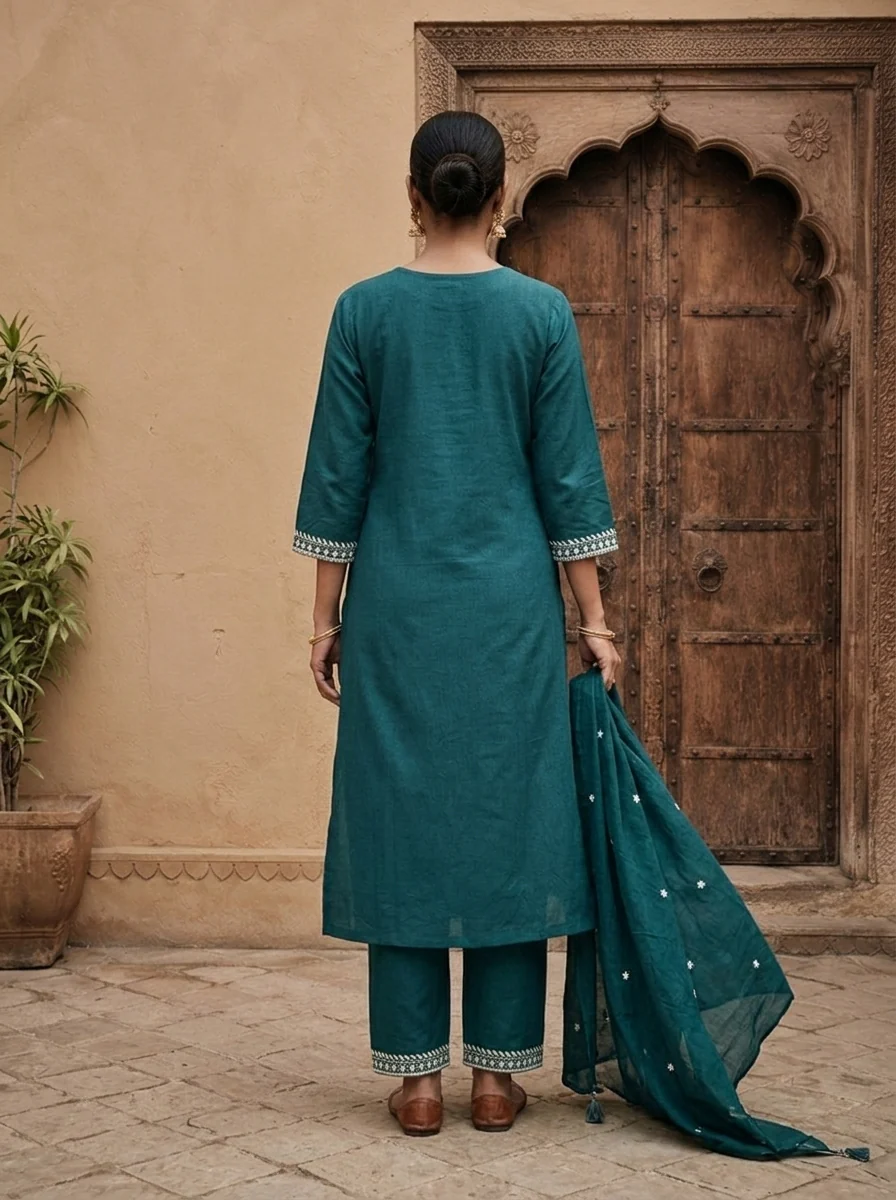 Rama Cotton Paisley And Floral Thread Embroidered Three Piece Set - Image 3