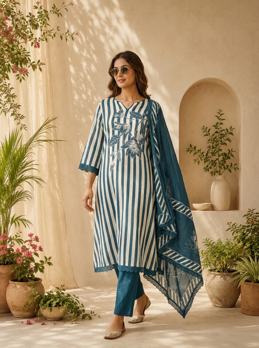 Rama Cotton Stripe And Floral Printed Three Piece Set
