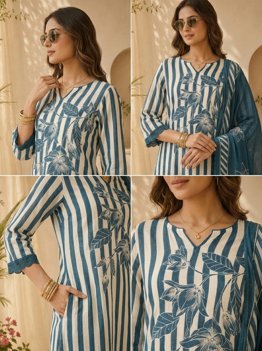 Rama Cotton Stripe And Floral Printed Three Piece Set - Image 5