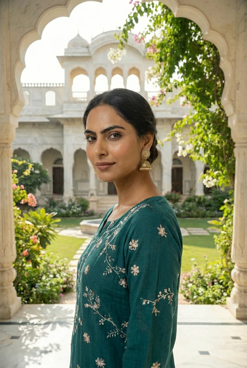 Rama Green Cotton Floral Embroidery Kurta - Image 4