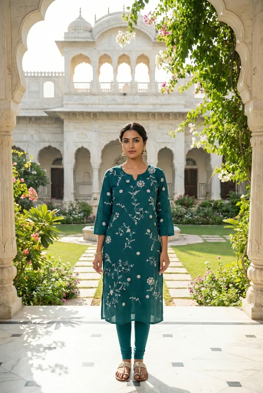 Rama Green Cotton Floral Embroidery Kurta - Image 5