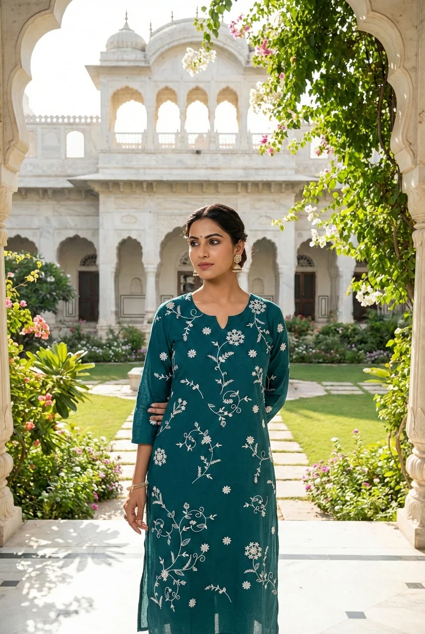 Rama Green Cotton Floral Embroidery Kurta - Image 6