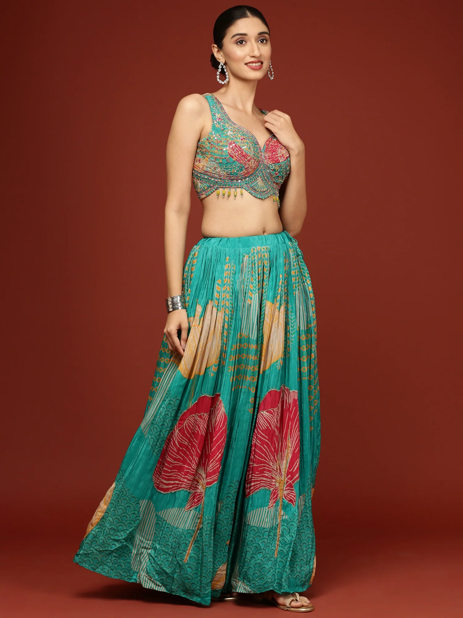 Rama Green Crepe Floral Ghagra Set - Image 2