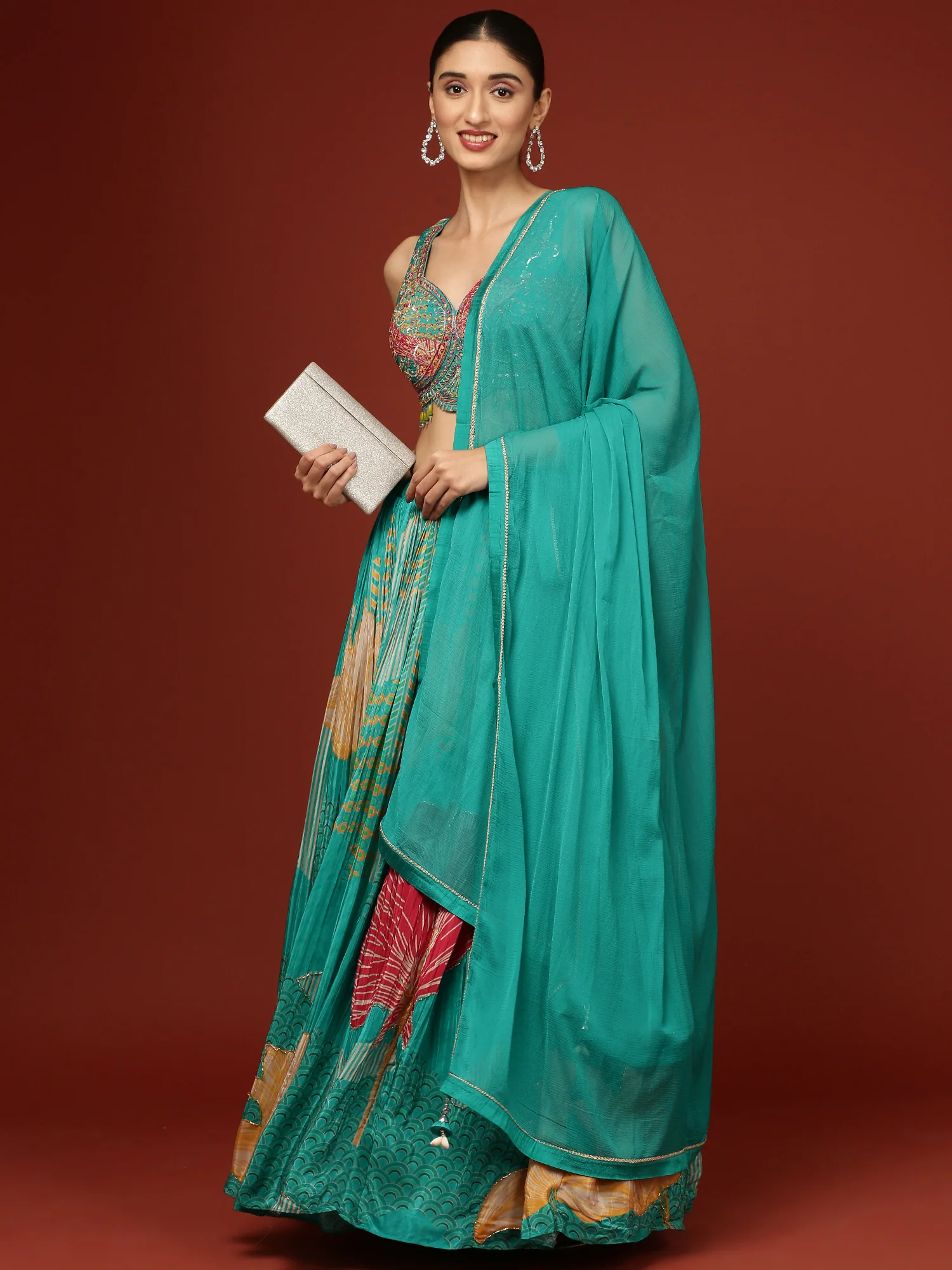 Rama Green Crepe Floral Ghagra Set - Image 5