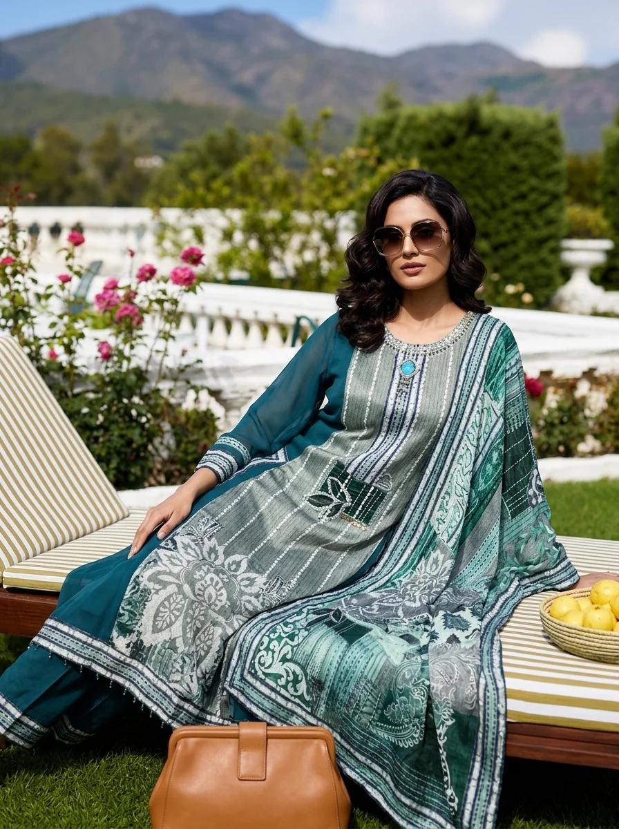 Rama Green Crepe Floral Printed Three Piece Set