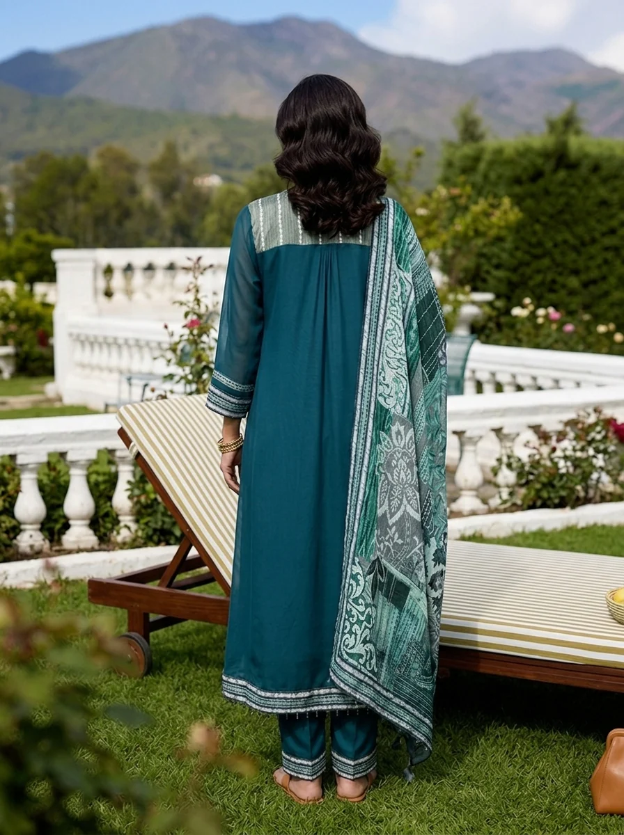 Rama Green Crepe Floral Printed Three Piece Set - Image 3