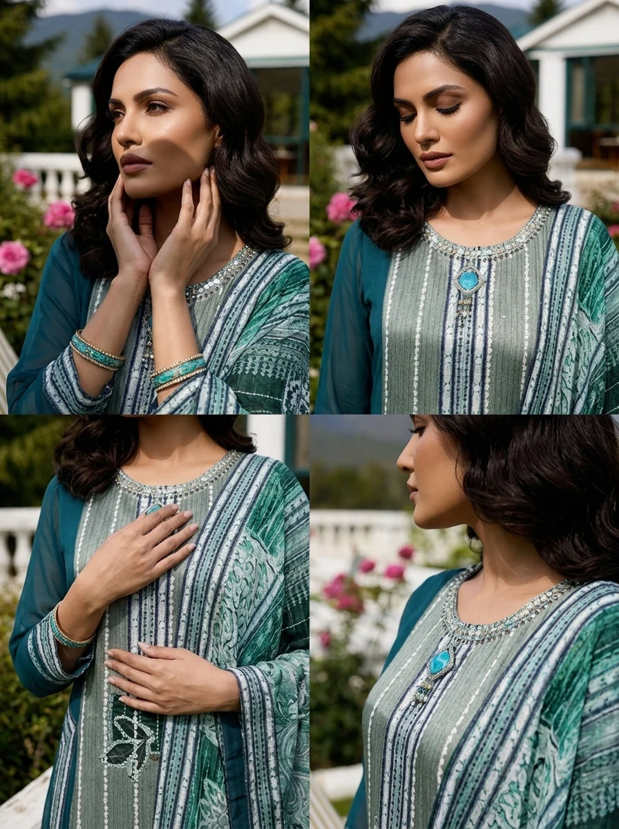 Rama Green Crepe Floral Printed Three Piece Set - Image 5
