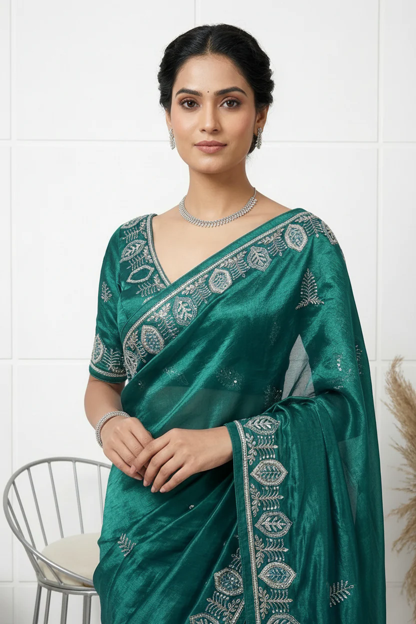 Rama Green Jimmy Choo Zari And Thread Embroidery Saree - Image 2