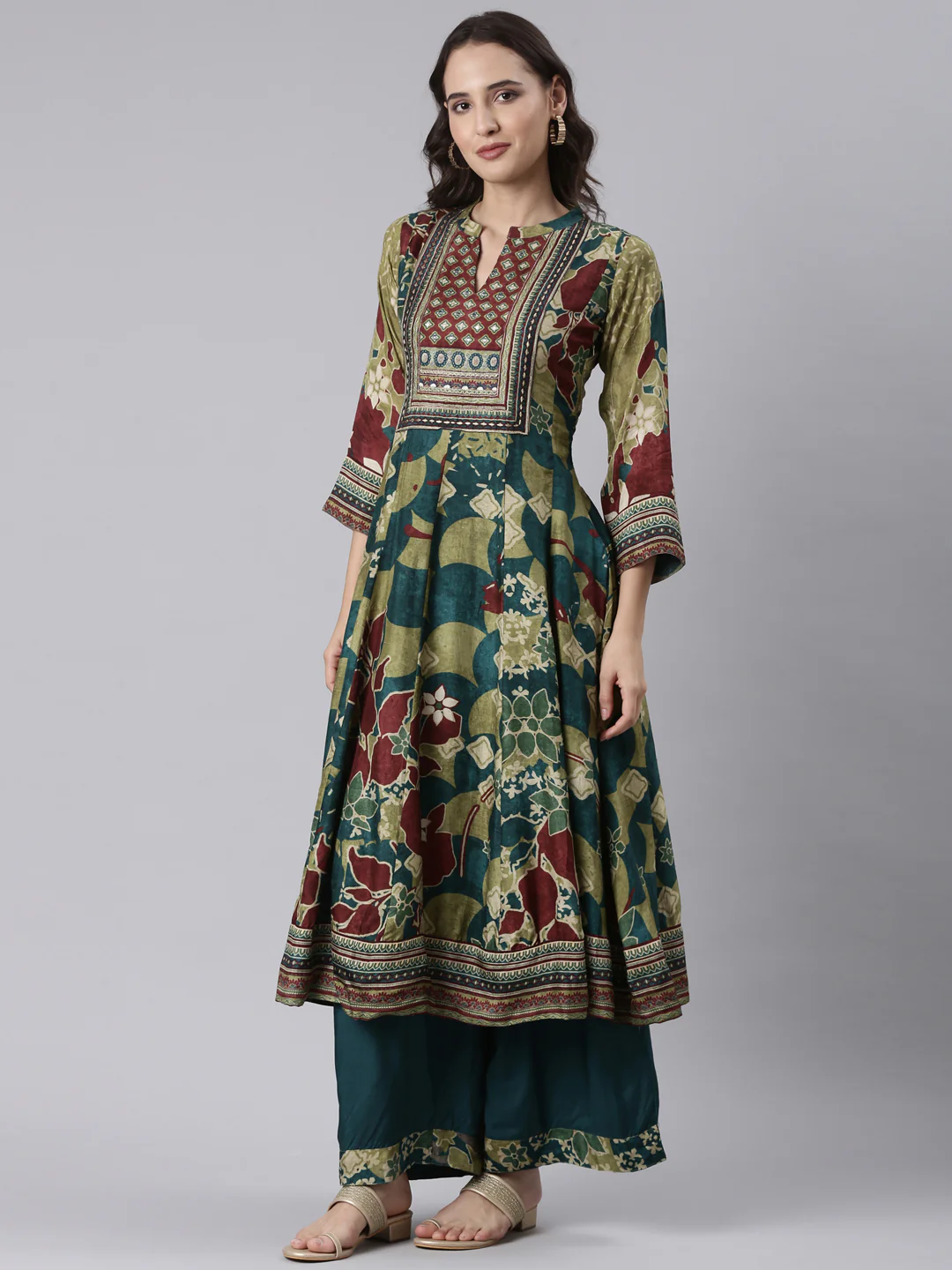 Rama Green Modal Chanderi Ajrakh Print Three Piece Set - Image 5