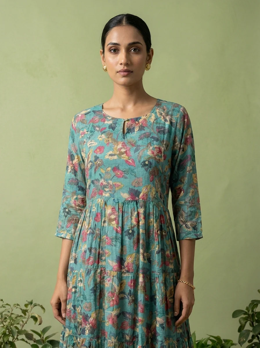 Rama Green Muslin Heavy Floral Printed Kurta - Image 4