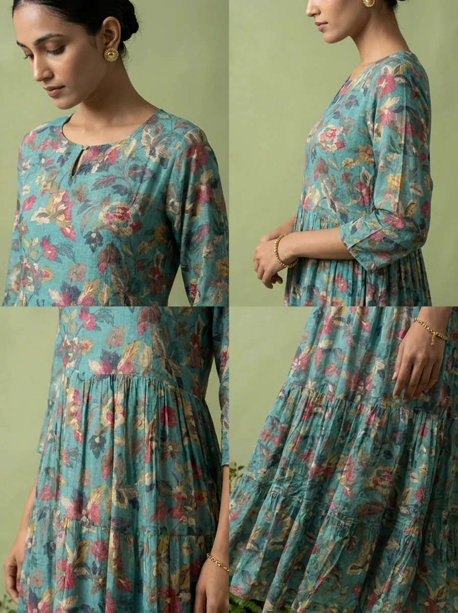 Rama Green Muslin Heavy Floral Printed Kurta - Image 5