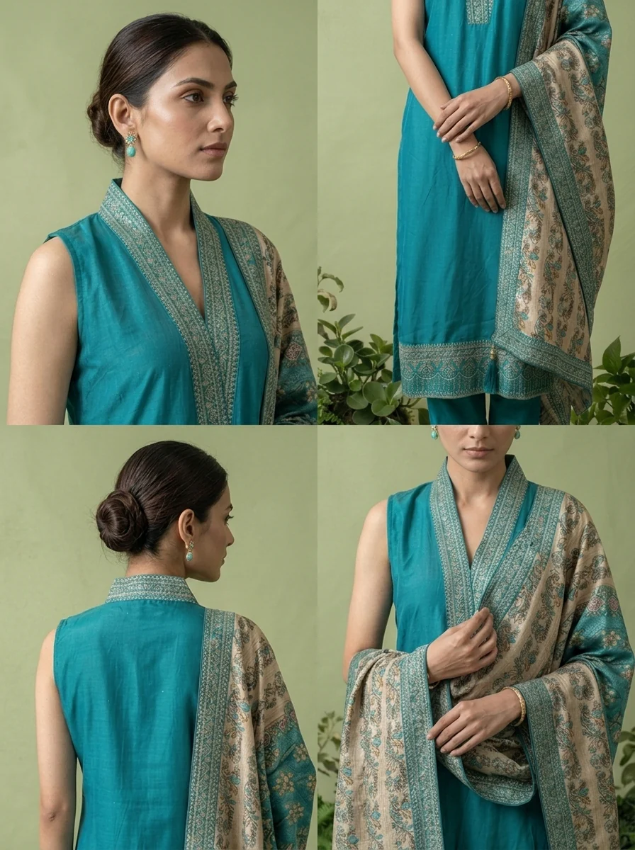 Rama Silk Floral Zari Embroidery Three Piece Set With Contrast Dupatta - Image 5
