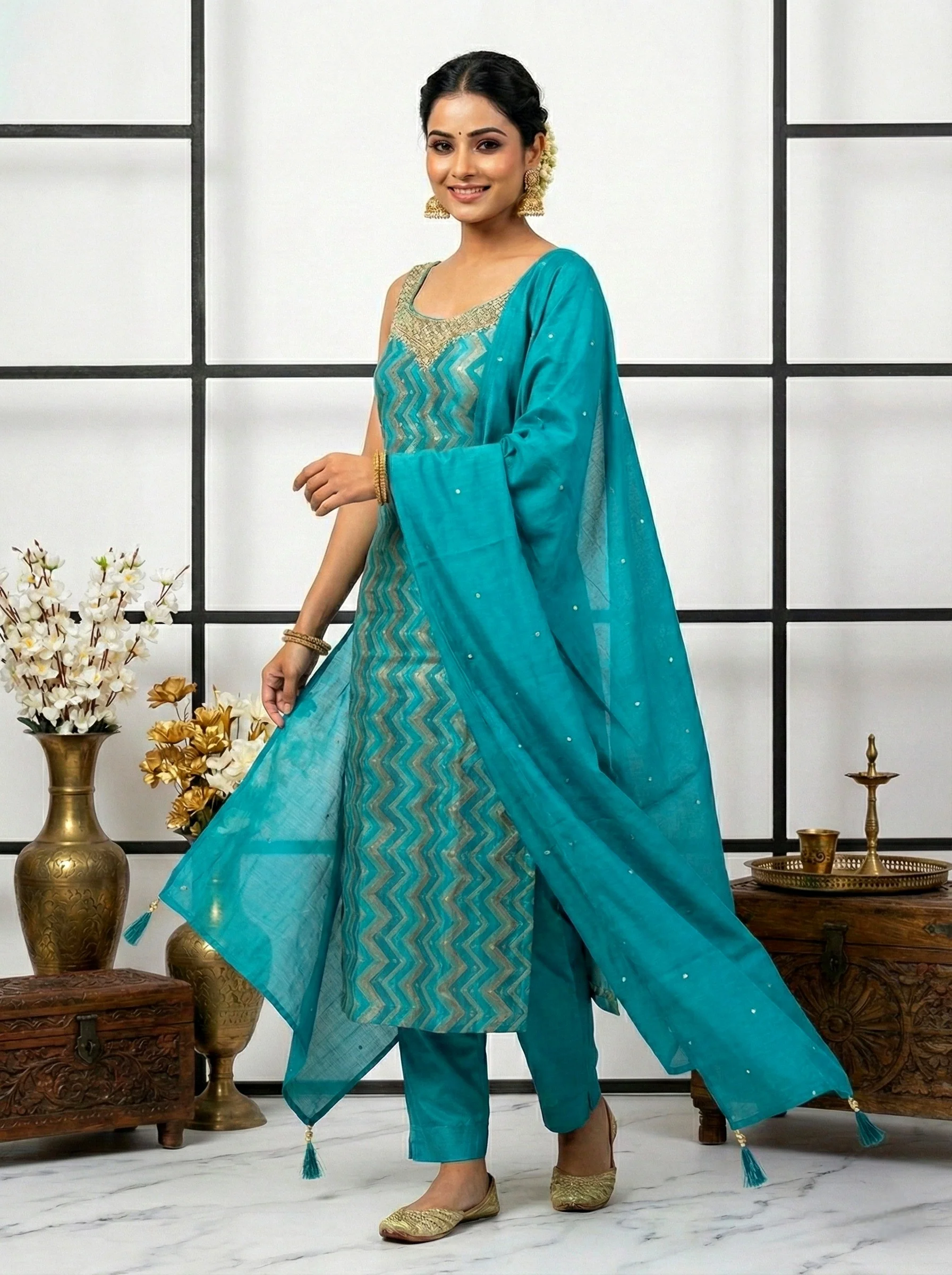 Rama Silk Stone And Mirror Embroidered Suit Set - Image 2