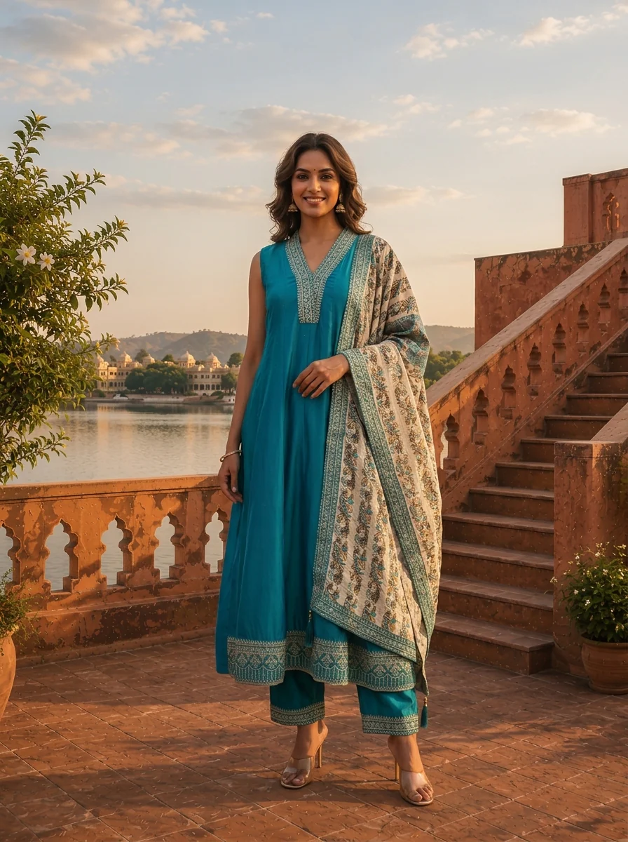 Rama Silk Zari Embroidery Three Piece Set With Floral Dupatta