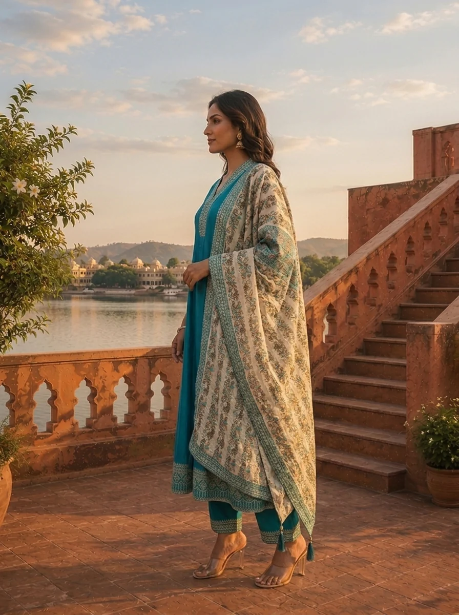 Rama Silk Zari Embroidery Three Piece Set With Floral Dupatta - Image 3