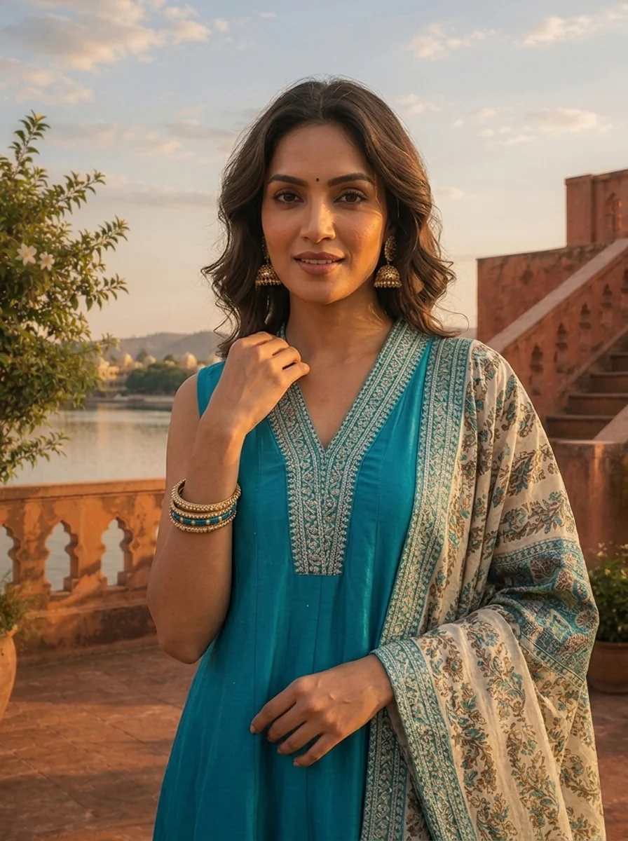 Rama Silk Zari Embroidery Three Piece Set With Floral Dupatta - Image 4