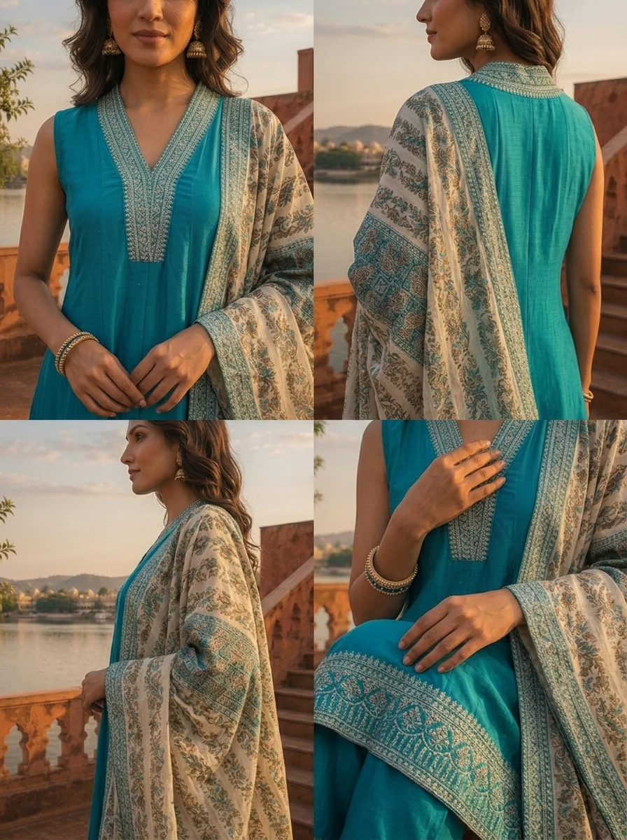 Rama Silk Zari Embroidery Three Piece Set With Floral Dupatta - Image 5