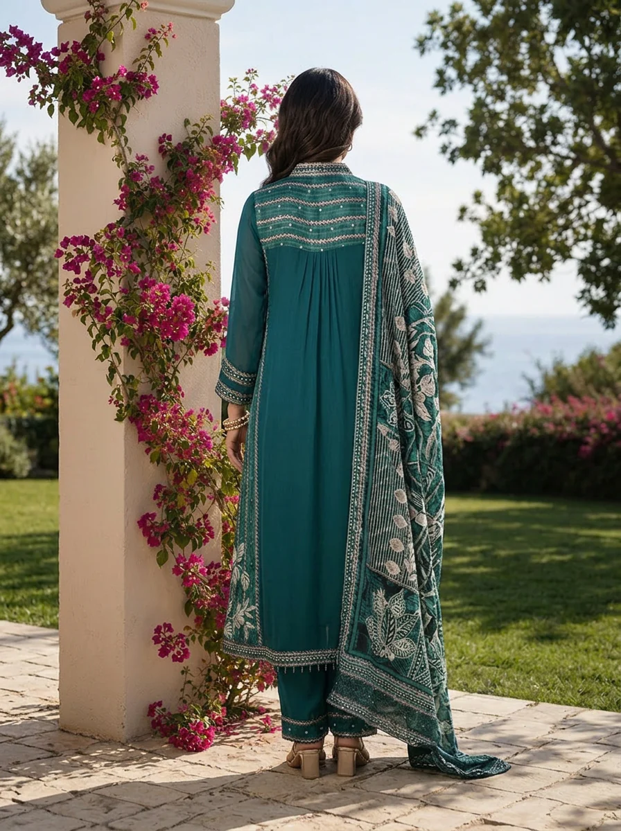 Rama Solid Design Georgette Three Piece Set With Striped Design Dupatta - Image 2