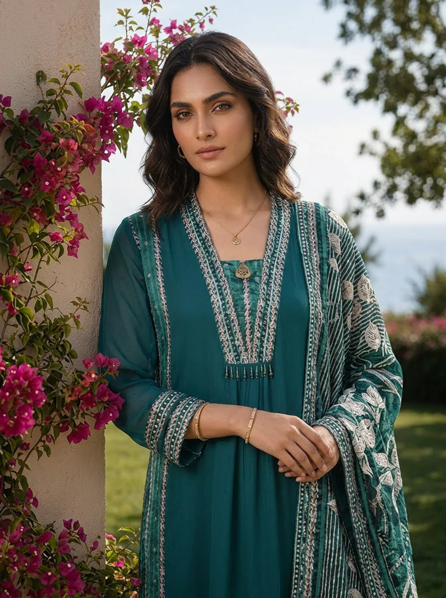 Rama Solid Design Georgette Three Piece Set With Striped Design Dupatta - Image 4