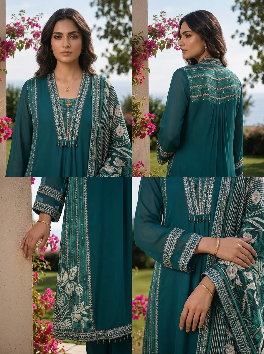 Rama Solid Design Georgette Three Piece Set With Striped Design Dupatta - Image 5