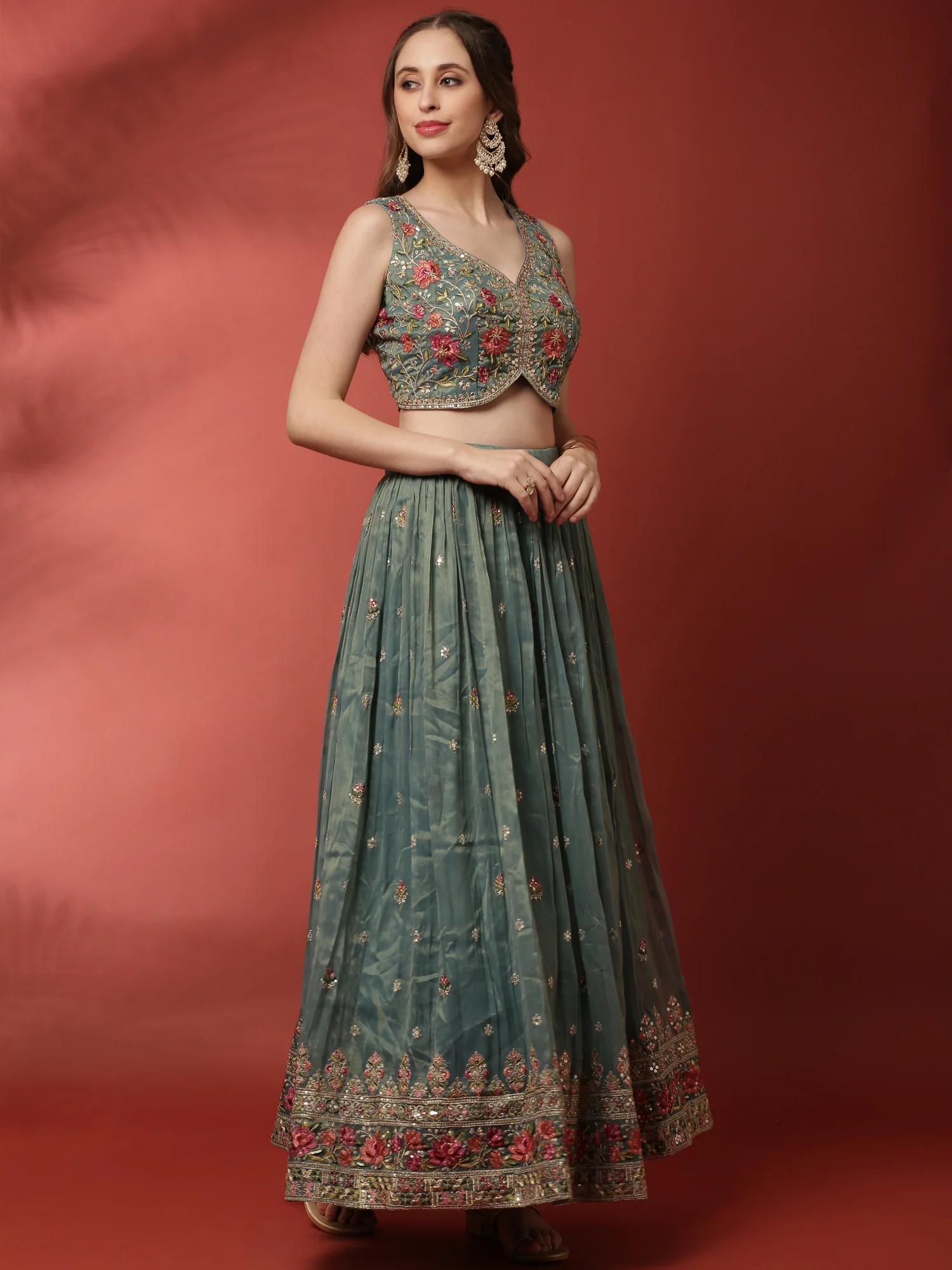 Rama Tissue Silk Ghagra Set With Embroiderey - Image 3
