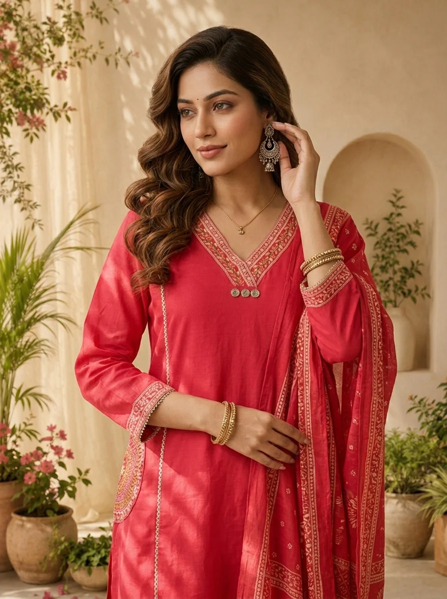 Rani Cotton Floral Thread And Patch Embroidery Three Piece Set - Image 4