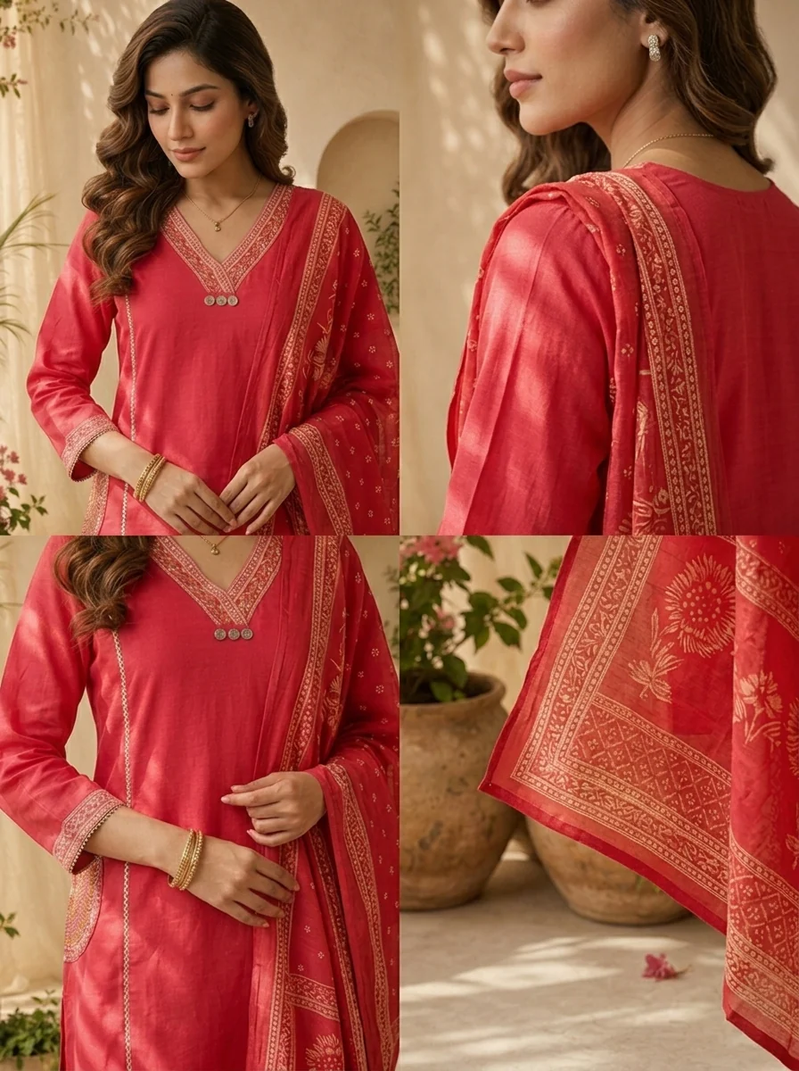 Rani Cotton Floral Thread And Patch Embroidery Three Piece Set - Image 5