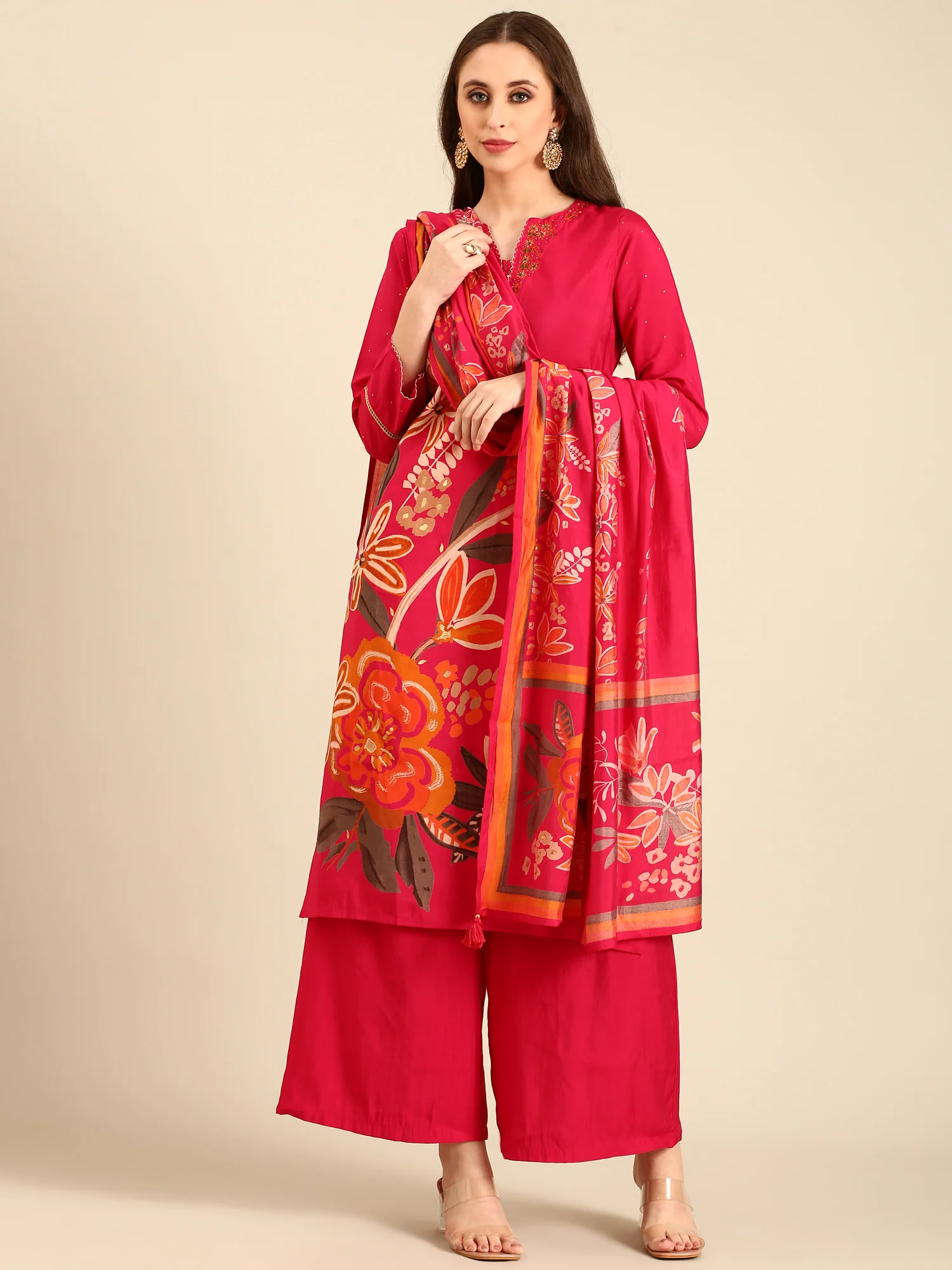 Rani Floral printed hand embroidered three piece palazzo set