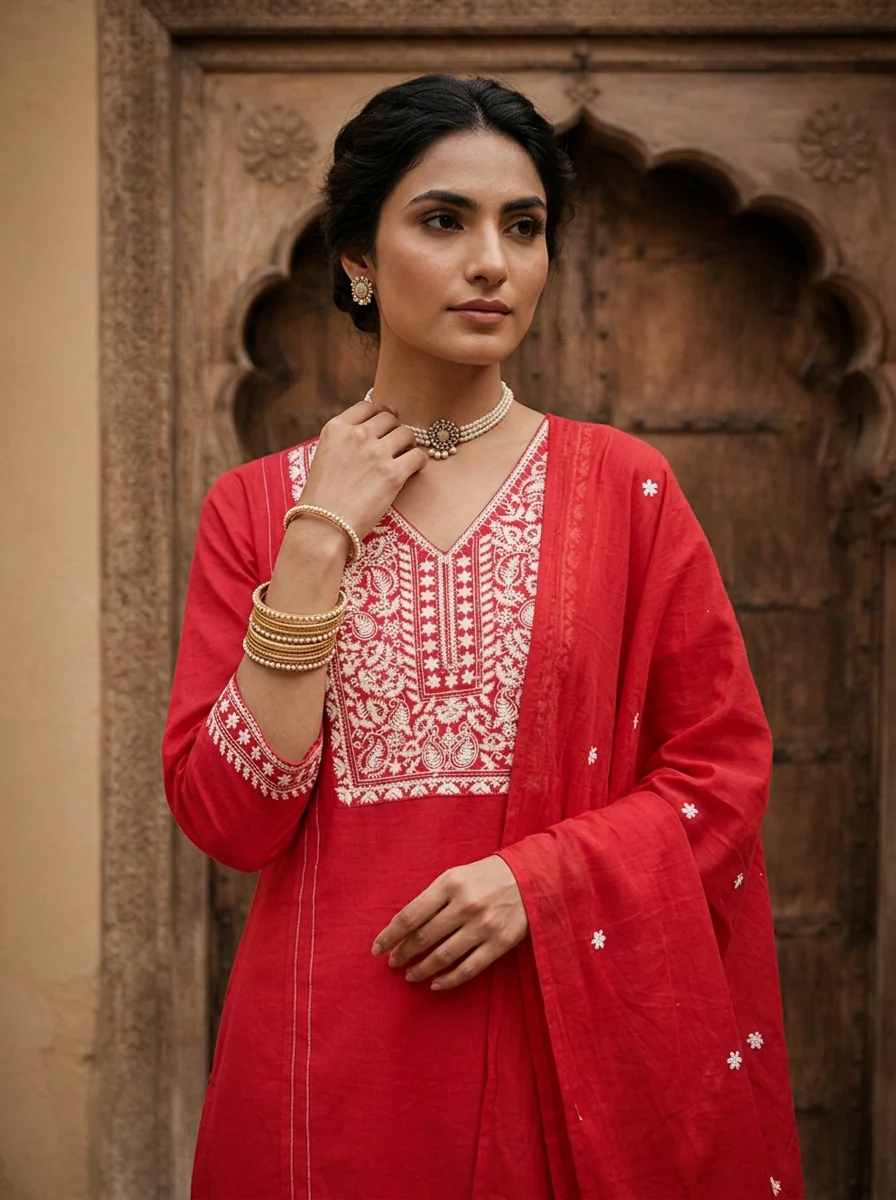 Rani Heavy Floral Thread And Paisley Embroidery Cotton Three Piece Set