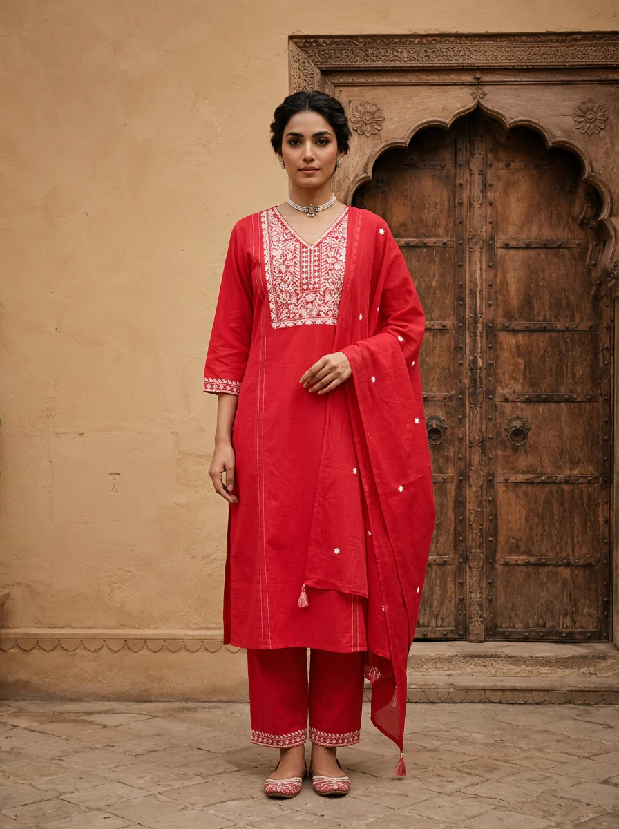 Rani Heavy Floral Thread And Paisley Embroidery Cotton Three Piece Set - Image 2