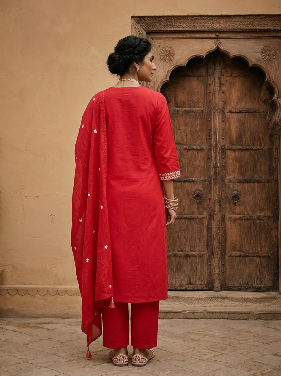 Rani Heavy Floral Thread And Paisley Embroidery Cotton Three Piece Set - Image 3
