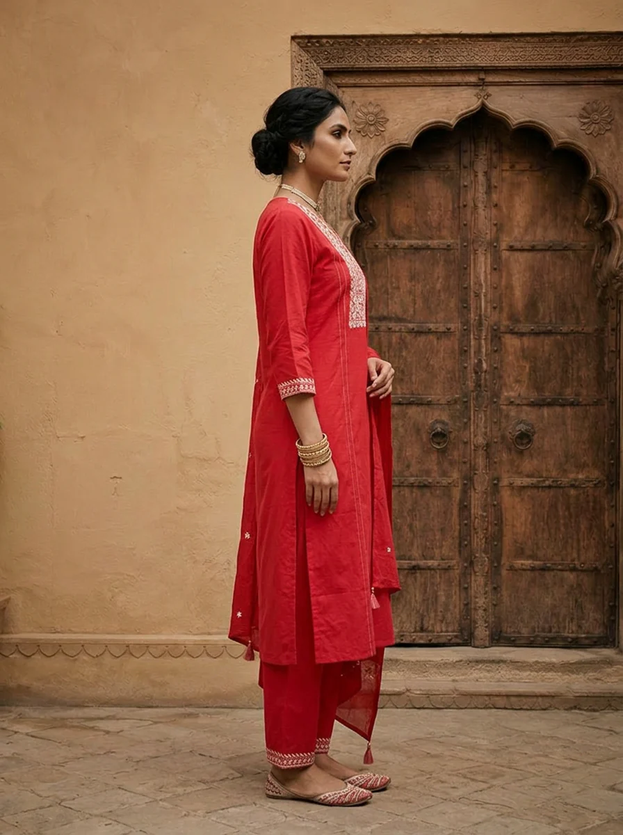 Rani Heavy Floral Thread And Paisley Embroidery Cotton Three Piece Set - Image 4