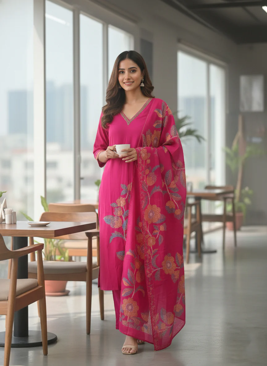 Rani Muslin Floral Printed Three Piece Set