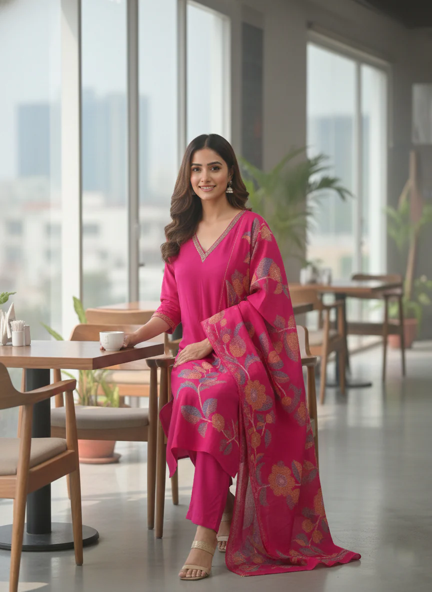 Rani Muslin Floral Printed Three Piece Set - Image 4