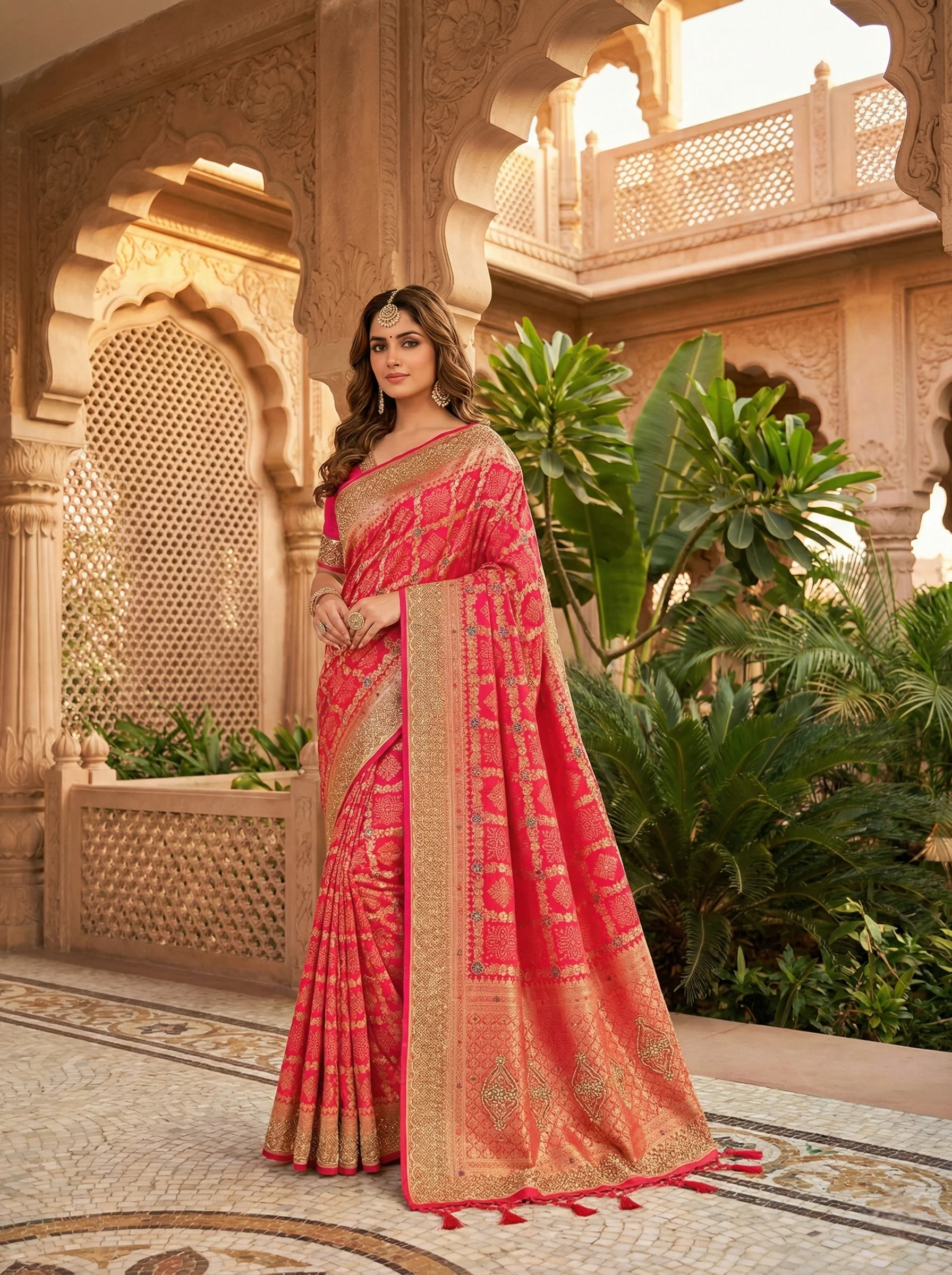Rani Pink Banaras Beads Printed Saree