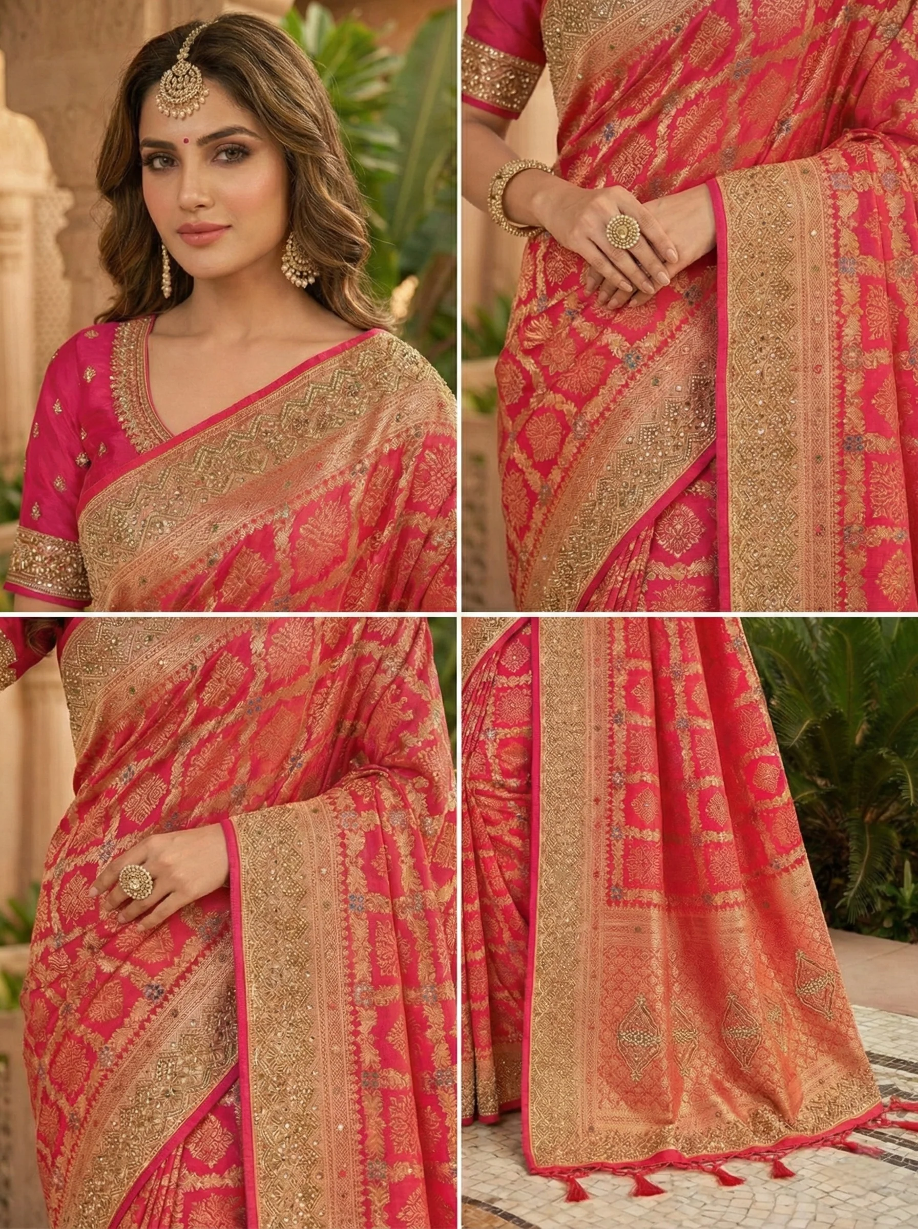 Rani Pink Banaras Beads Printed Saree - Image 3