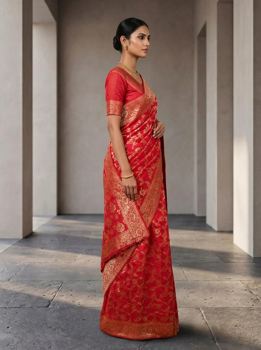 Rani Pink Banaras Floral Design Weaved Saree - Image 2