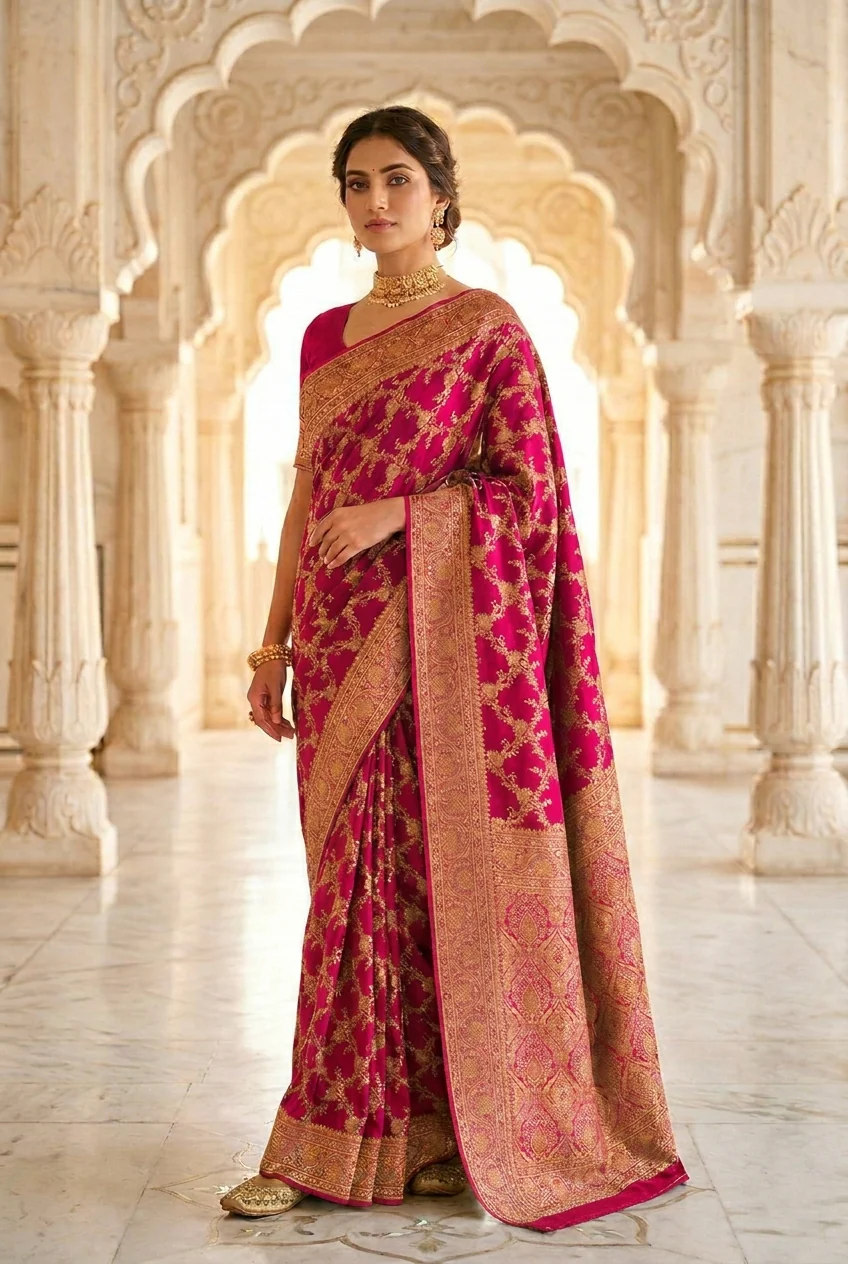 Rani Pink Banaras Floral Pattu Saree
