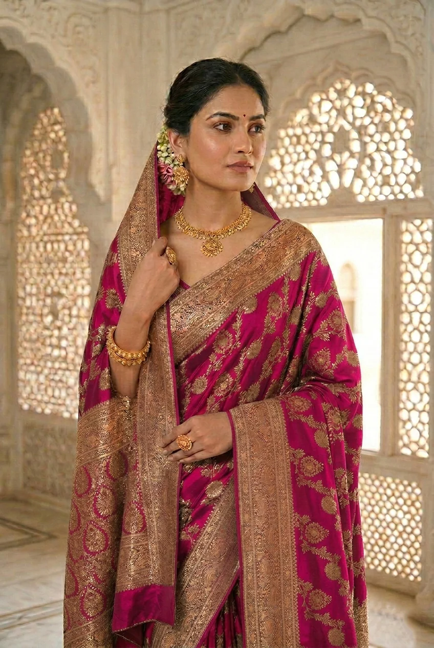 Rani Pink Banaras Floral Pattu Saree - Image 2