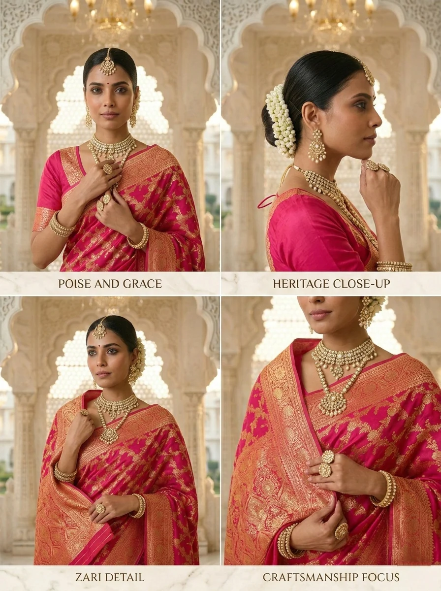 Rani Pink Banaras Floral Pattu Saree - Image 3