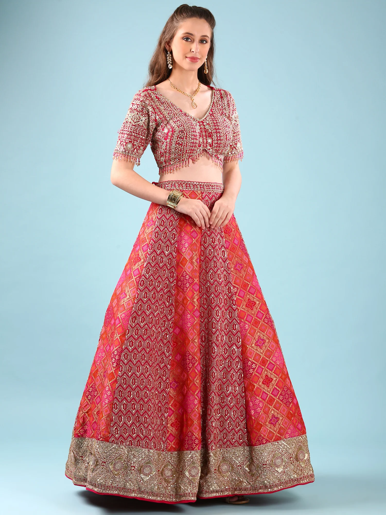 Rani Pink Banaras Silk Digital Print With Embroidery Ghagra Set - Image 2