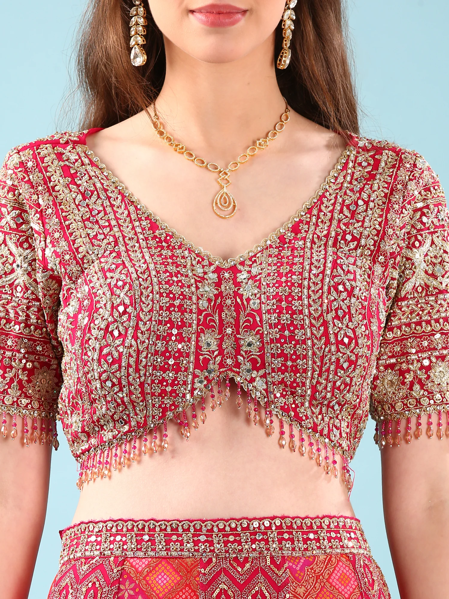 Rani Pink Banaras Silk Digital Print With Embroidery Ghagra Set - Image 4