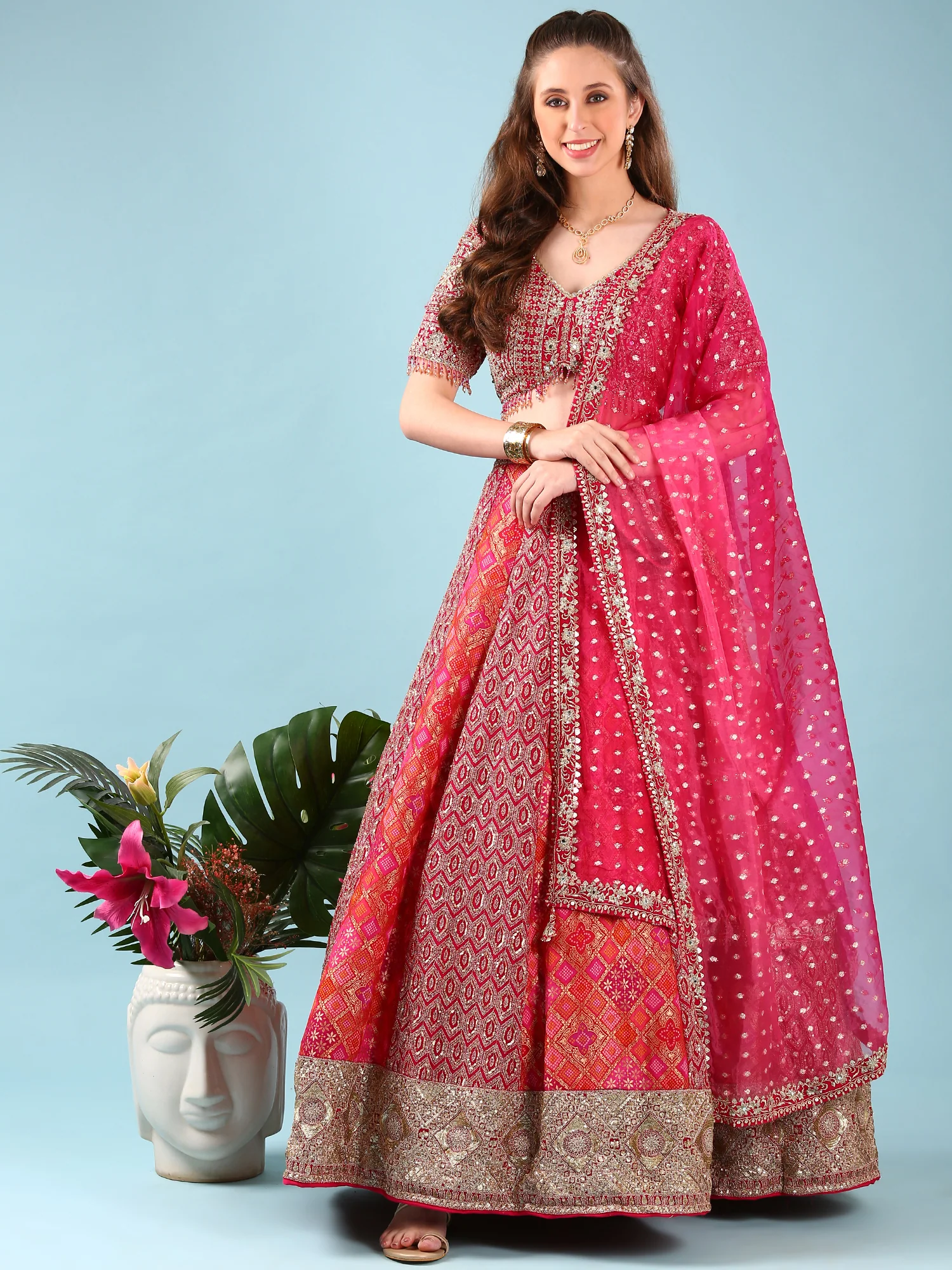 Rani Pink Banaras Silk Digital Print With Embroidery Ghagra Set - Image 5
