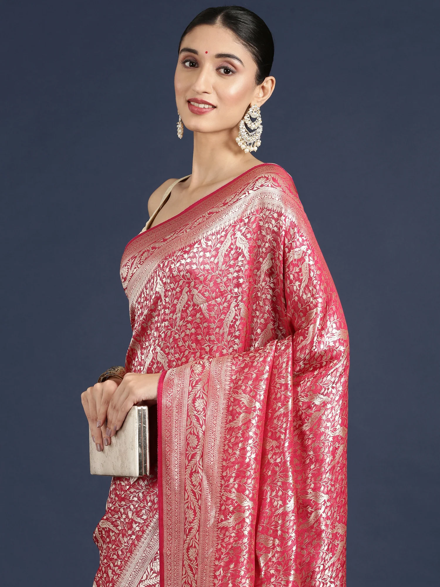 Rani Pink Banaras Weaved Saree - Image 3
