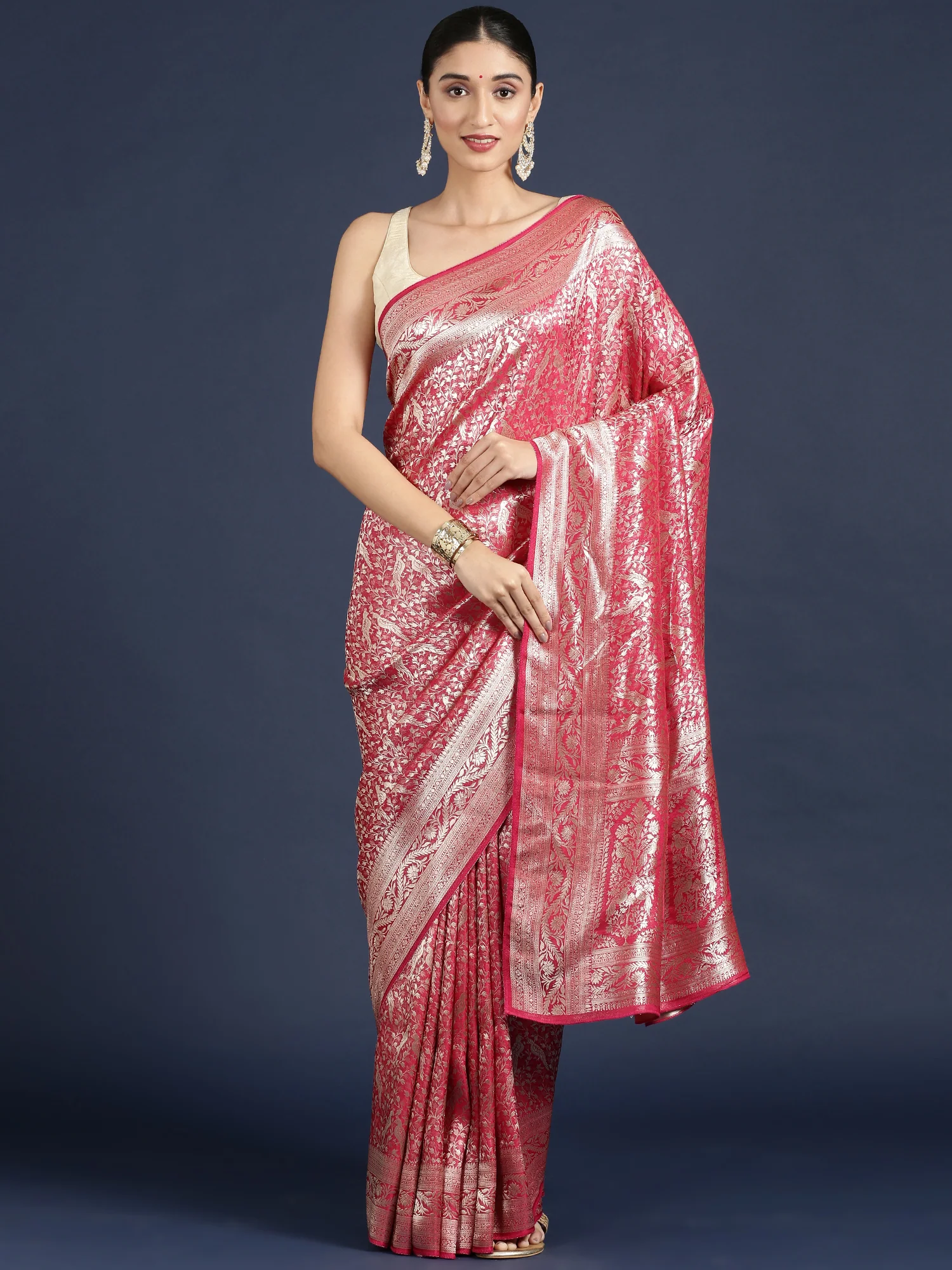 Rani Pink Banaras Weaved Saree - Image 4