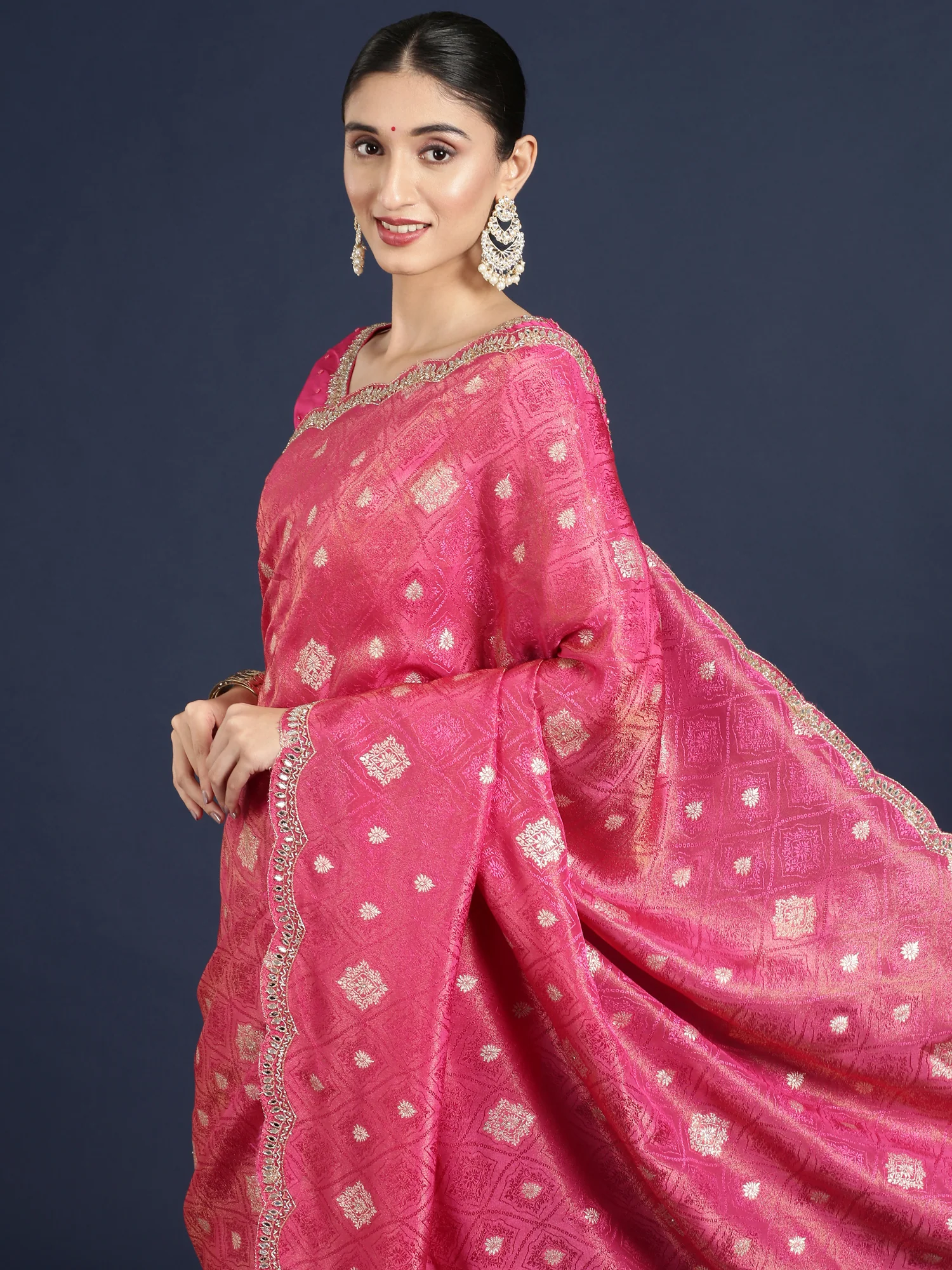 Rani Pink Banaras Weaved Saree With Embroidery Readymade Blouse - Image 3