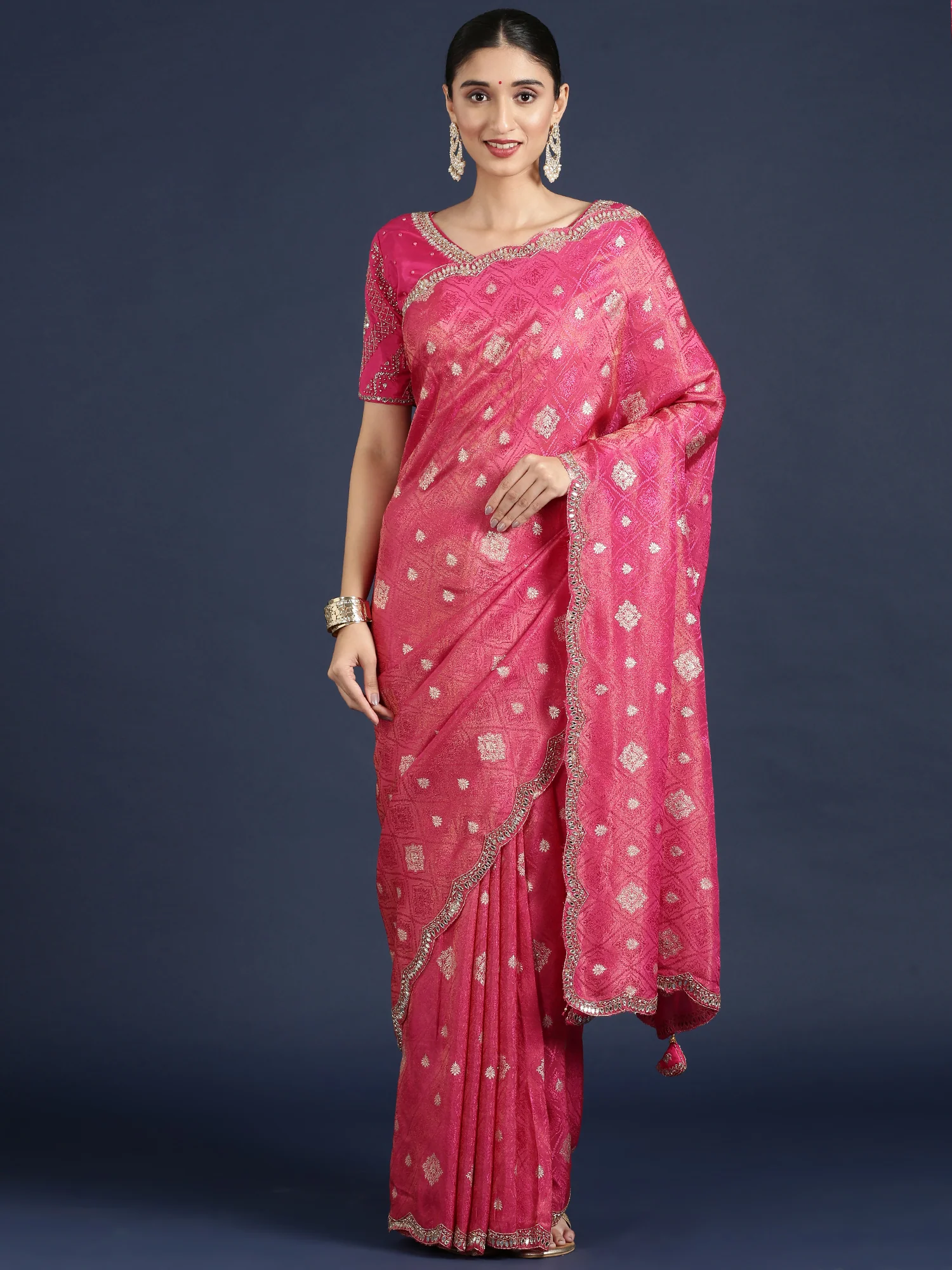 Rani Pink Banaras Weaved Saree With Embroidery Readymade Blouse - Image 4