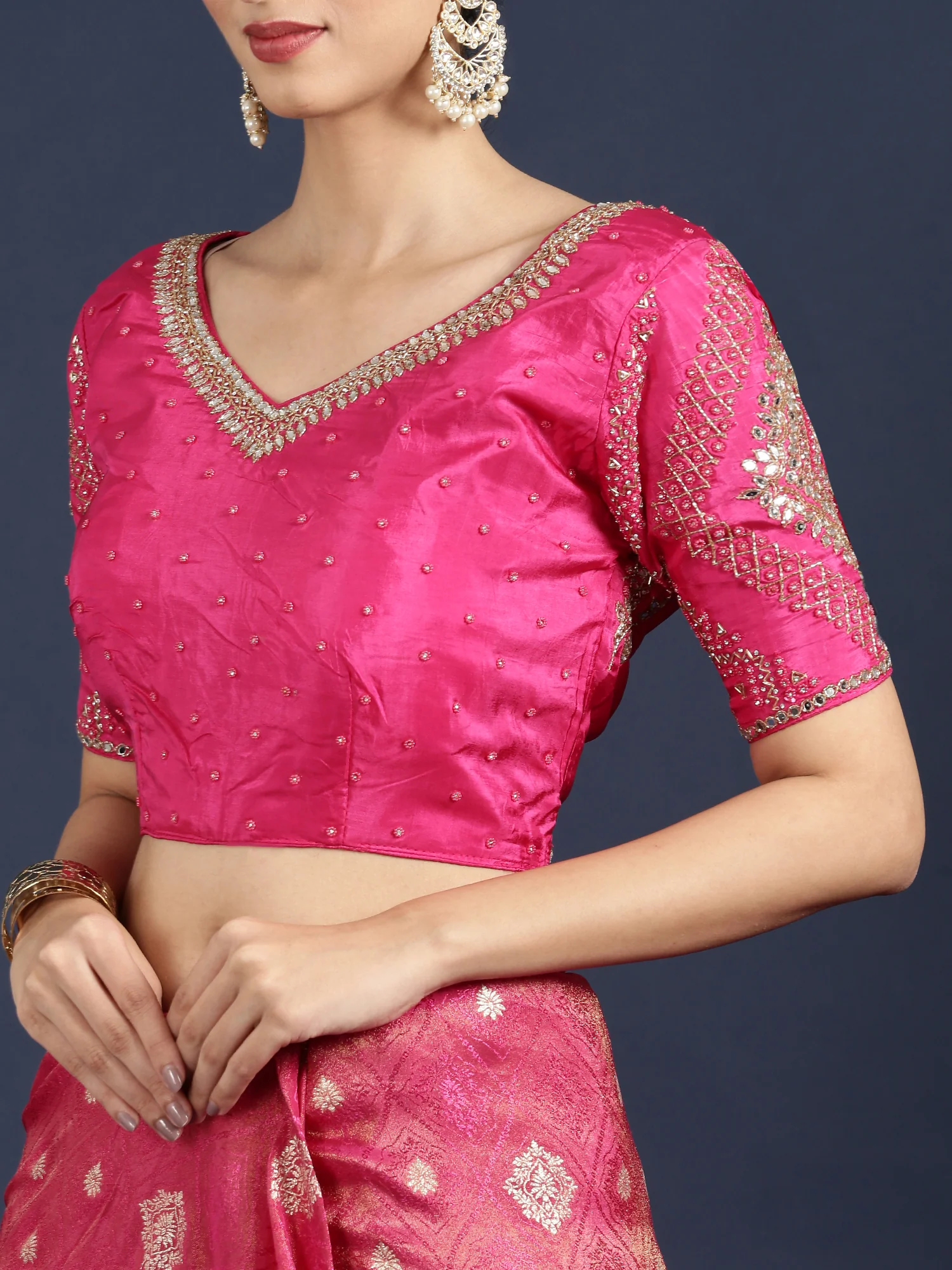 Rani Pink Banaras Weaved Saree With Embroidery Readymade Blouse - Image 7
