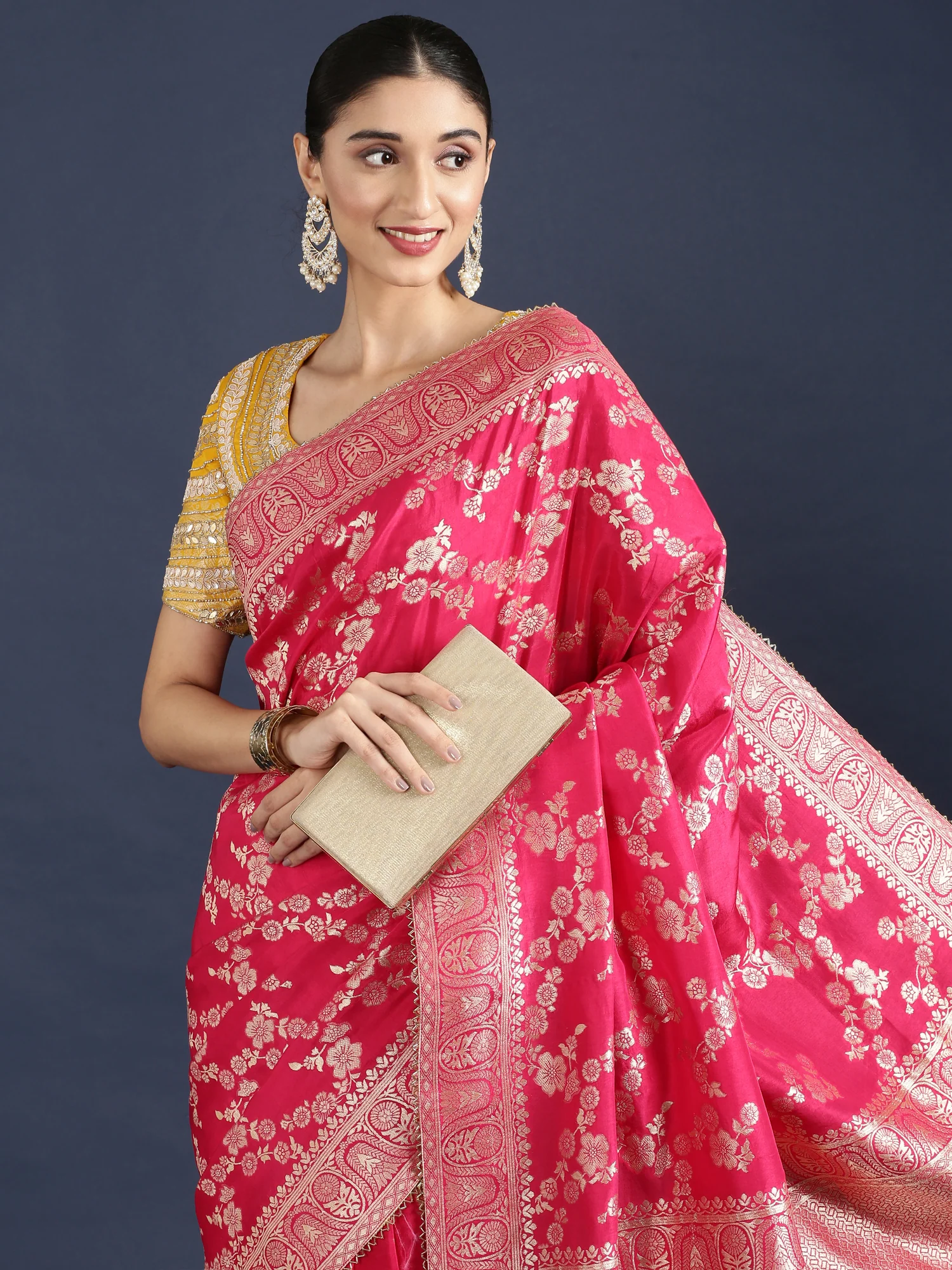 Rani Pink Banaras Weaved Saree With Embroidery Readymade Blouse - Image 2