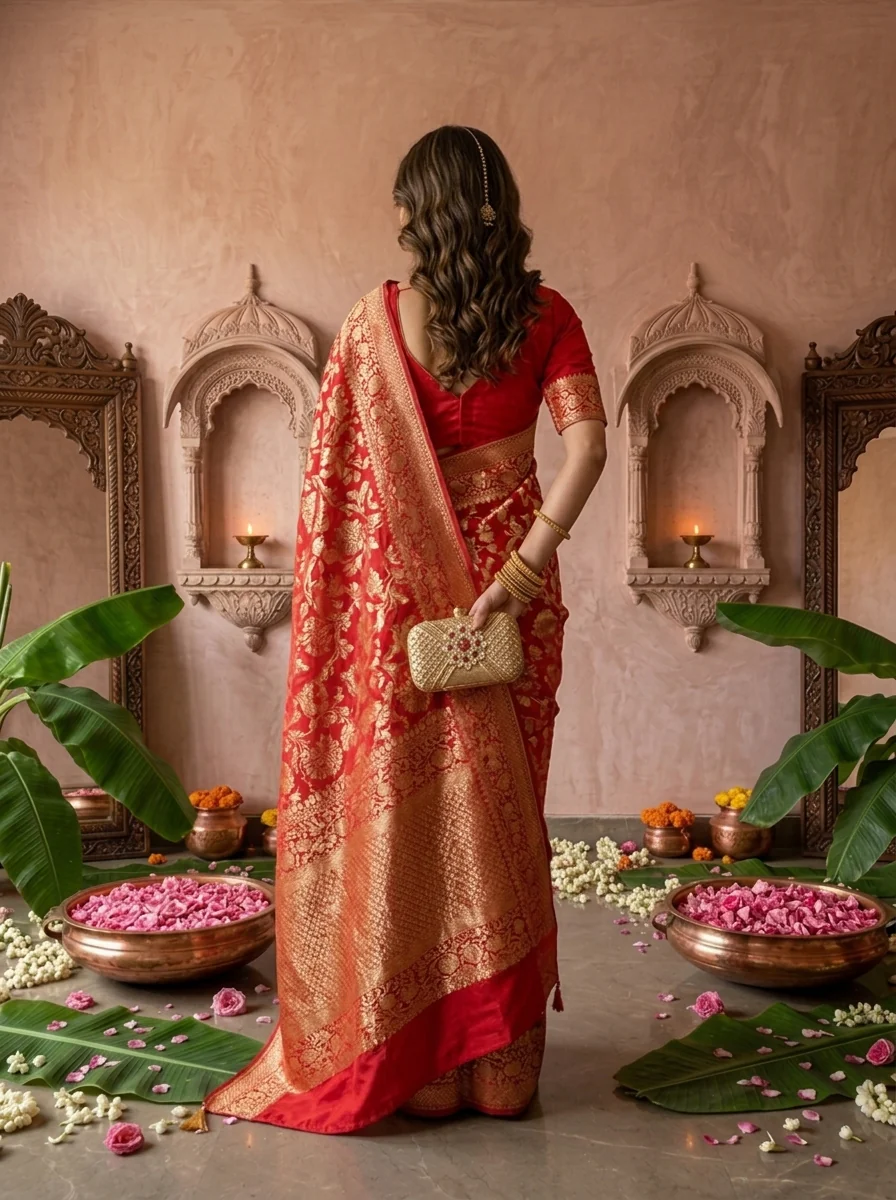 Rani Pink Banaras Weaved Saree With Floral Design - Image 2